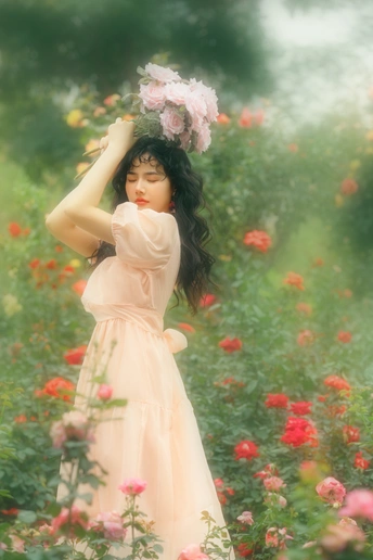 美丽的年轻女子穿着粉红色裙子 置身于花丛中。