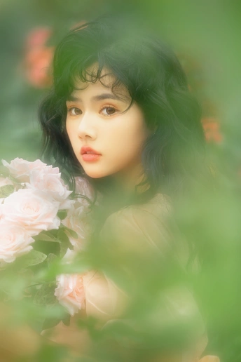 一位美丽的年轻女子在花园中拿着粉红色玫瑰的肖像