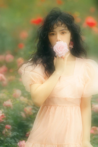 一位穿着粉红色连衣裙的年轻女子 手里拿着一朵粉红色玫瑰花 站在花田里。