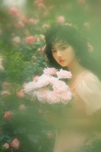 美丽的年轻女子在花园中拿着粉红色玫瑰的肖像