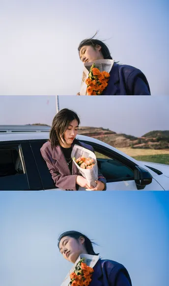 一张女人从车里拿花的照片