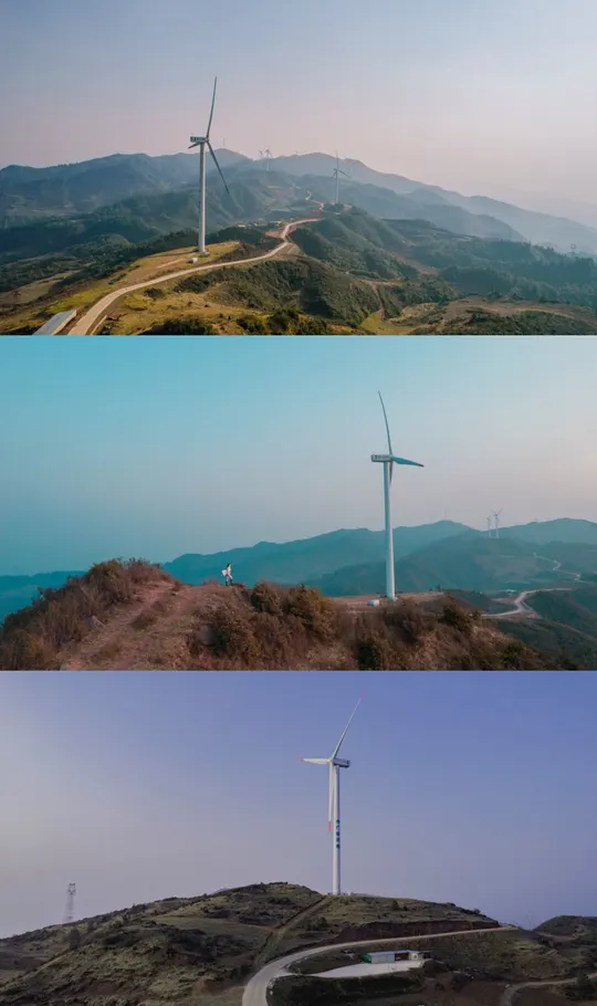 山上的风力发电场照片和山顶的风车照片