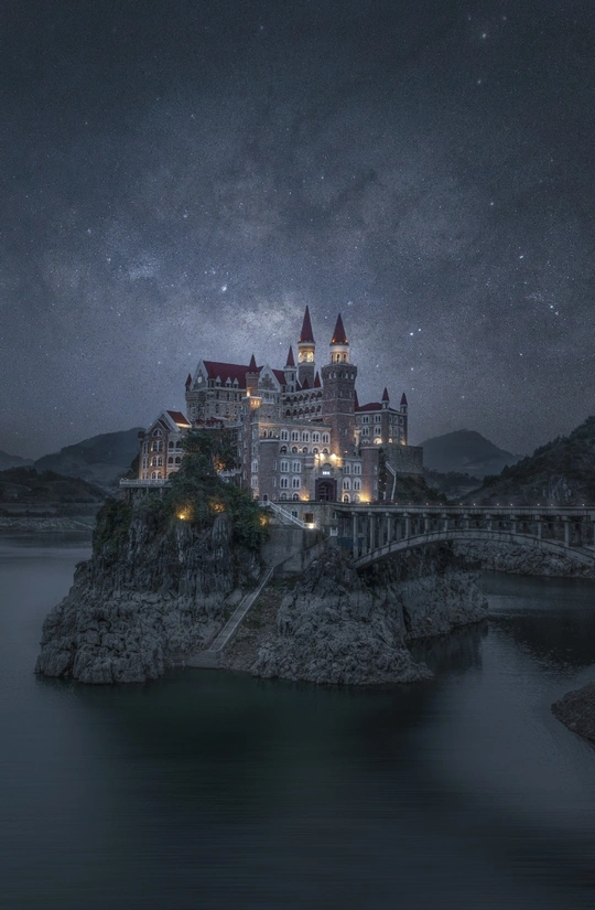 湖中岛屿上的城堡 夜晚星空下的美景