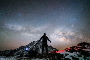 一个人站在山顶 仰望着夜空中的星星 剪影。