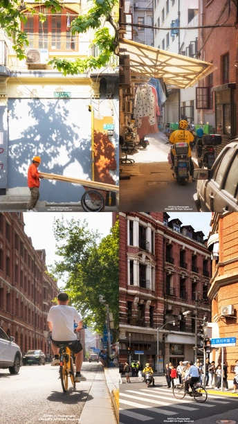 多张城市街道的图片 有建筑物和骑自行车的人 还有一个人骑自行车沿着街道行驶。