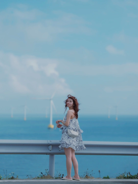 一位穿着连衣裙的年轻女子站在长凳上 凝视着海洋的蔚蓝水域。