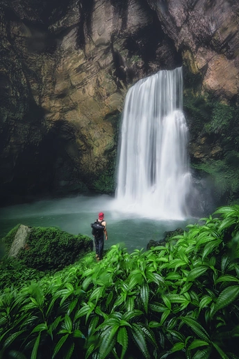 一个人站在丛林中 看着瀑布