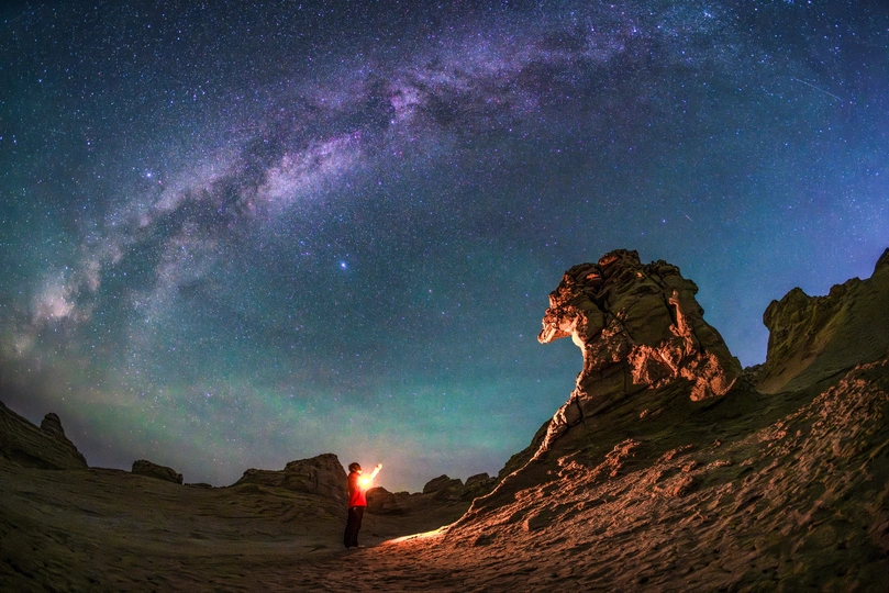 一个人站在夜晚的狮子旁边 手持火炬 天空中繁星闪烁。