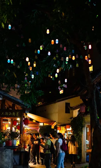 夜晚街道上有人、树和灯笼。