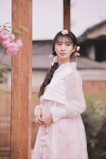 一位穿着白色连衣裙 上面有粉色花朵的美丽年轻女子