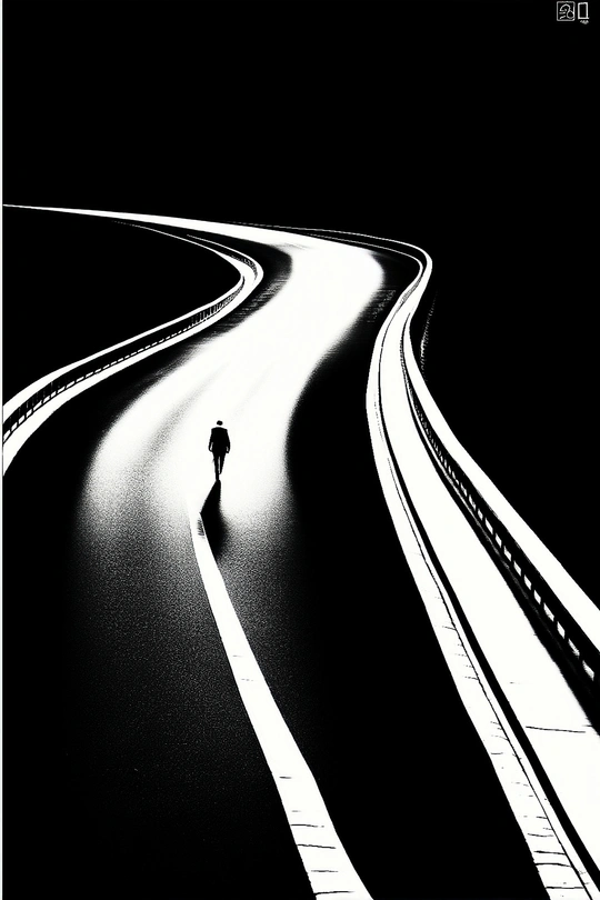 一条长长的黑白路在夜晚 一个人沿着它走。