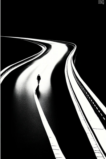 一条长长的黑白路在夜晚 一个人沿着它走。