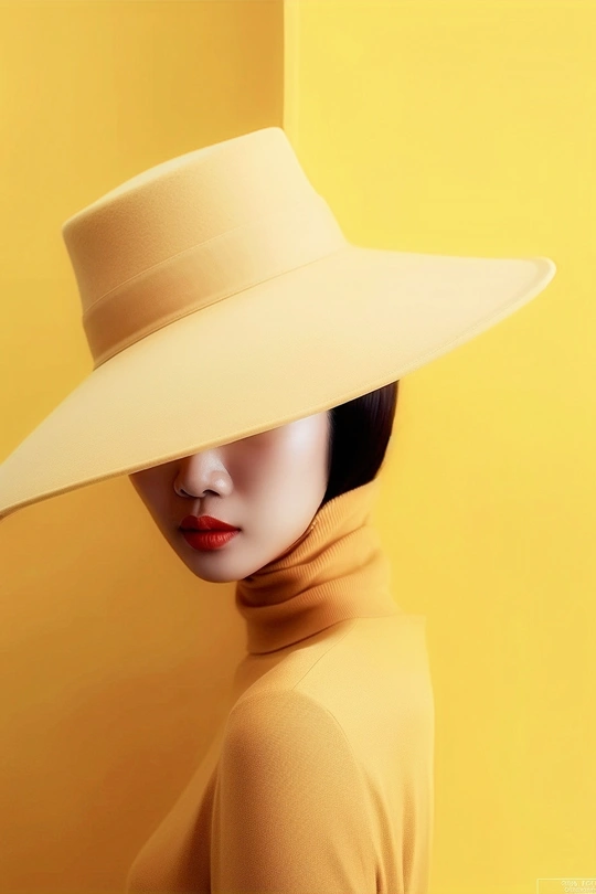 一位戴帽子和围巾的女士 背景为黄色