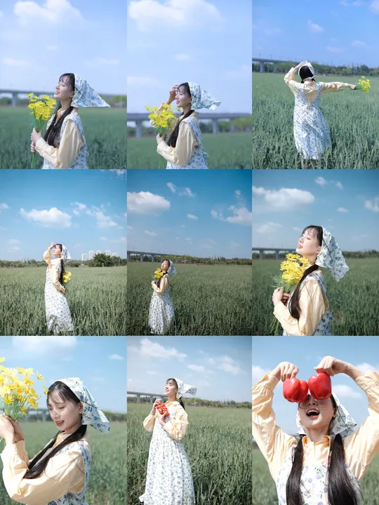 一位穿着连衣裙的女性 holding 着番茄和花