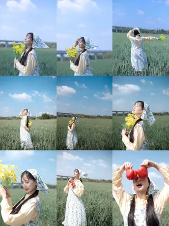 一位穿着连衣裙的女性 holding 着番茄和花