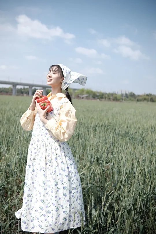 一位穿着连衣裙的年轻女子站在麦田中 手里拿着一个红苹果。