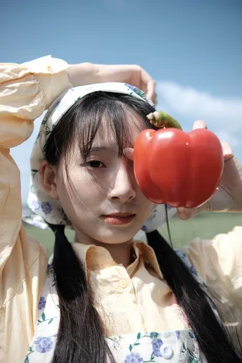 一位年轻女子将一个番茄举在头上在一个田野中