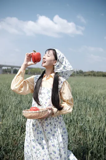 一位穿着连衣裙的年轻女子手里拿着一个红苹果和一篮子番茄。