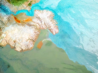 从卫星视角看地球的地图显示一片水域。