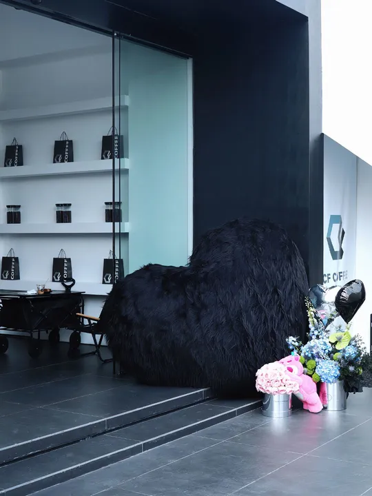 一个带有黑色家具和一把巨大椅子的房间