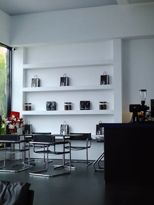 一个现代化的客厅 墙壁为白色 椅子为黑色 有一个大窗户。