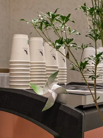 一株带有白色花朵的植物 放在一个黑色花瓶里 放在桌子上。