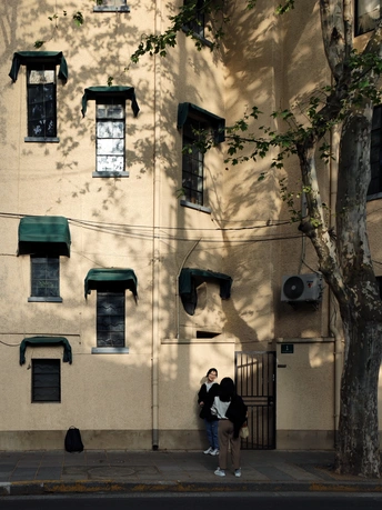 一栋高高的棕色建筑 有窗户 旁边有一棵高树 一个人站在建筑前的人行道上。