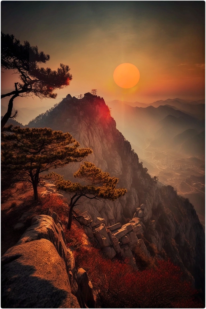日落松石图