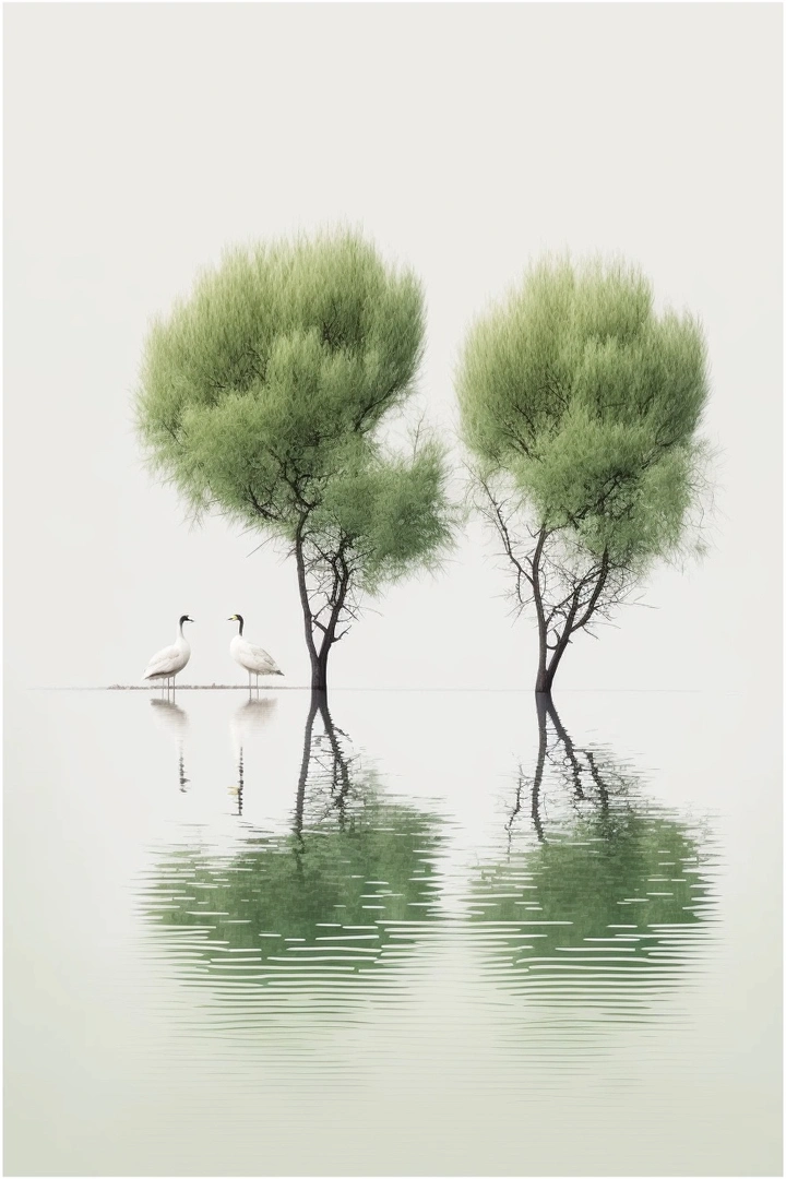 湖中树与鸟的倒影