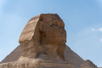 一个大型的斯芬克斯像 背景是金字塔