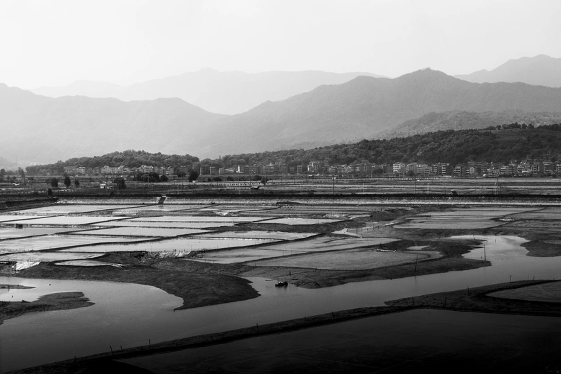 一片白茫茫的稻田 背景是山脉 前景是河流。