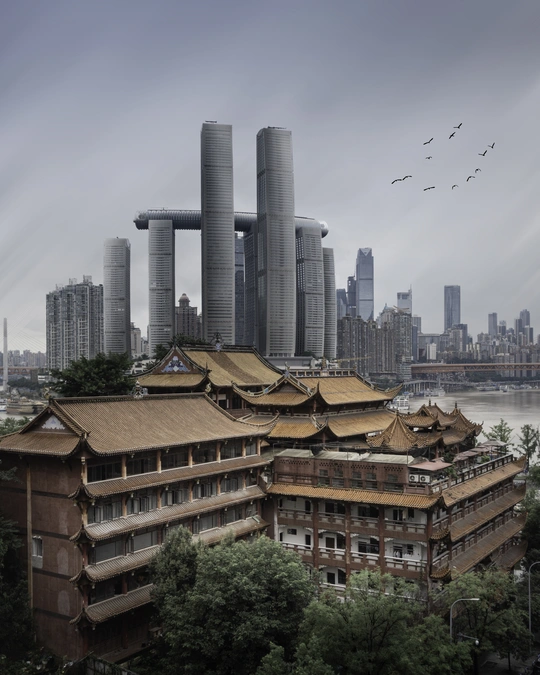 沿着河流的城市天际线 高耸的摩天大楼和摩天大楼