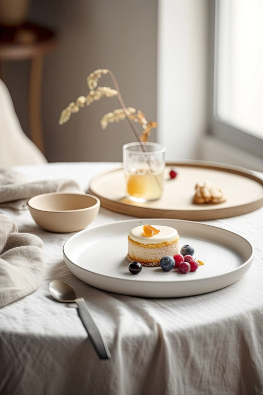 一小盘食物放在一张白色桌子上 旁边有一个装满水果和一个饮料的碗。