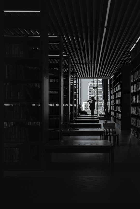 一张黑白照片 展示了一个有书架的黑暗房间 一个人站在长凳上。