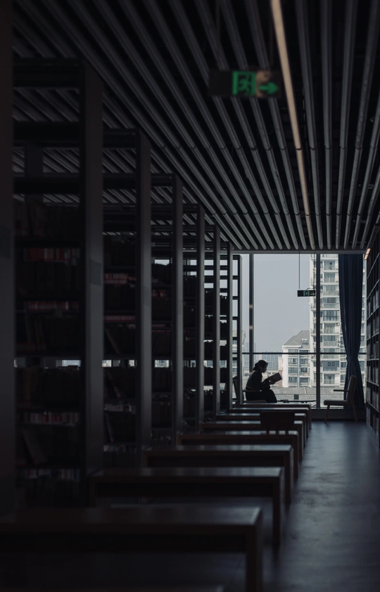 一个光线昏暗的房间 窗外有巨大的窗户 一个人在长凳上读书。