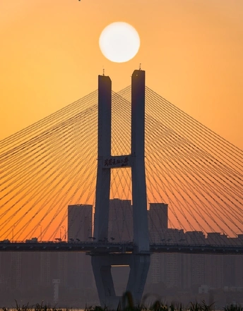 夕阳西下 一只鸟儿飞越一座新桥。