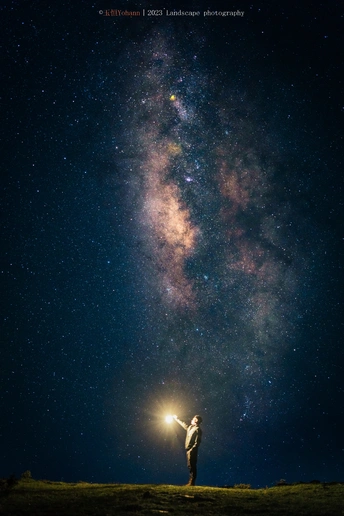 一个站在夜晚星空下仰望星星的男人