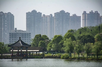 背景是摩天大楼 前景是湖泊和建筑物的公园照片