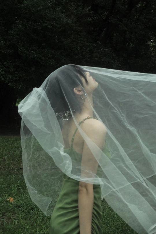 一位戴绿色连衣裙遮住脸部的女士 用透明面纱遮住脸部