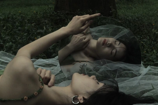 一个穿着黑色连衣裙的女人躺在森林中的草地上