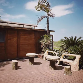 一个有木板和长凳的桌面 桌面上有一张桌子