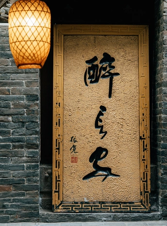 一幢有中文书写的墙壁上的老建筑 门上挂着灯笼和一盏灯。