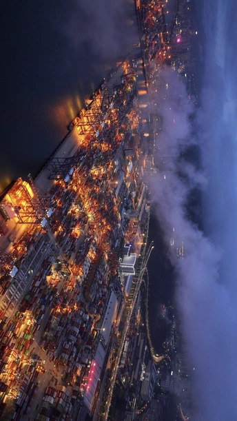 夜晚拍摄的城市 被摩天大楼和云彩照亮。