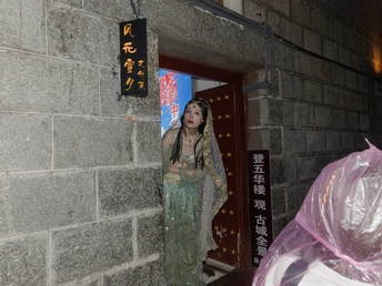 一尊女性雕像站在一栋建筑物的入口处