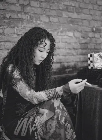 一张黑白照片 一个有纹身和卷发女孩坐在桌子旁