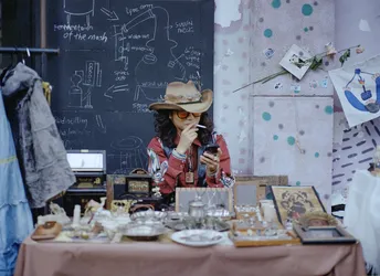 一个戴帽子的人在跳蚤市场的一个桌子旁打电话