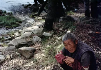 一位老人和一位妇女坐在森林中的一条溪流旁边