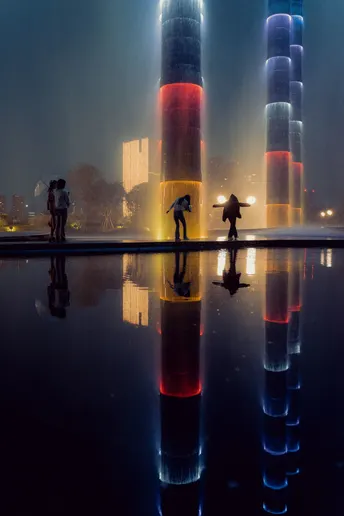 夜晚的城市 人们站在水中 雾中一高塔被点亮。