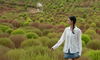 一位穿着白衬衫的年轻女子站在一片绿色的草地上