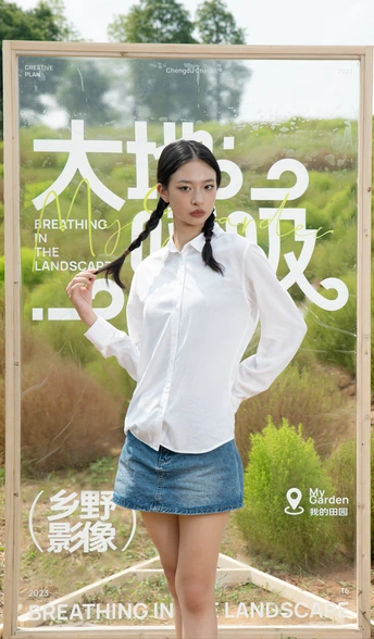 一位穿着白衬衫和裙子的女性站在海报前